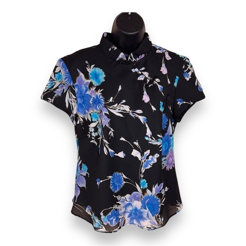 VINTAGE SIZE 8 BLACK FLORAL BLOUSE BLUE MANDARIN COLLAR 90s SHORT SLEEVE
